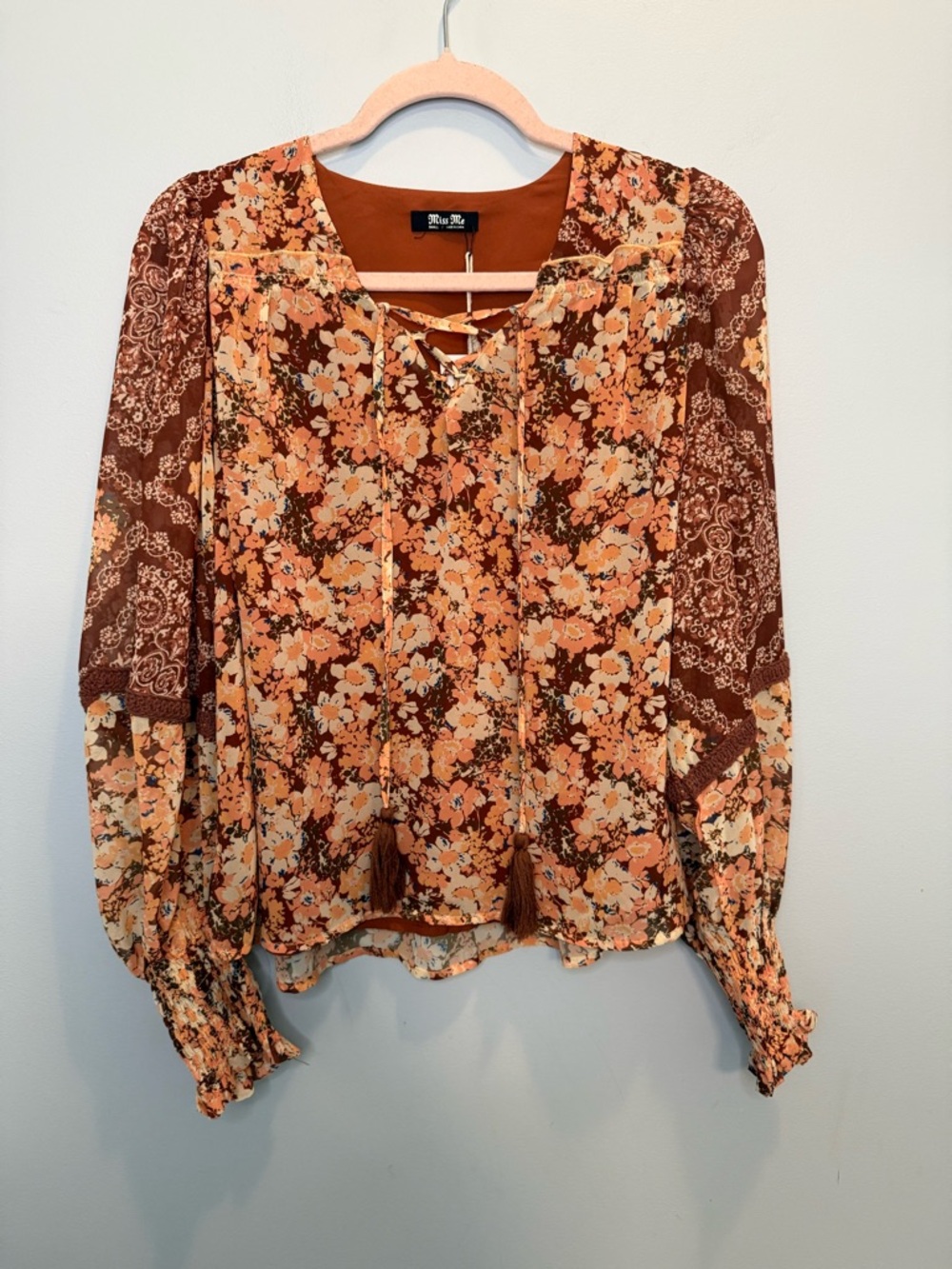 NWT Miss Me Mixed Media Floral Tassel Peasant Blouse Small Boho